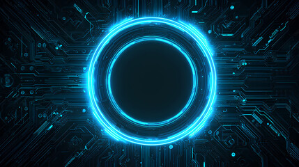 Wall Mural - neon light blue circle portal with electronics elements and wires are on a futuristic technology cir