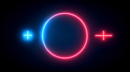 Wall Mural - neon shapes circle and cross with bright shine on blue background. retro video gaming and cyberpunk 
