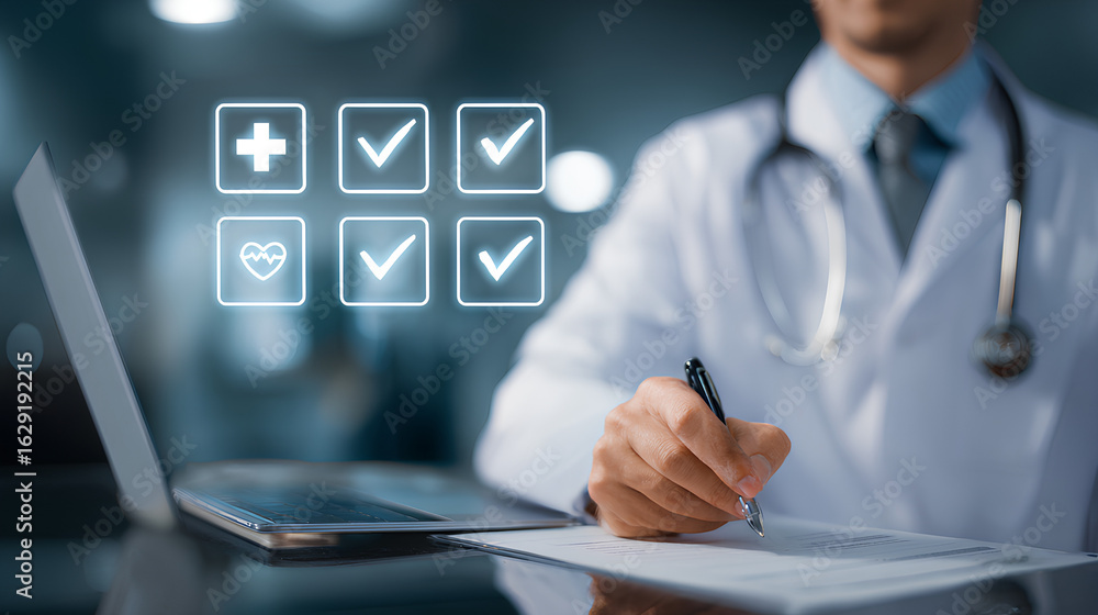 Doctor Using Checklist Online medical checklist and documentation system in use by doctor ...
