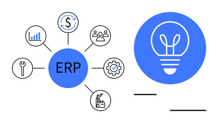 ERP system central node connected to process icons including finance, manufacturing, and analytics. Lightbulb graphic on the right symbolizes innovation. Ideal for business, technology, process