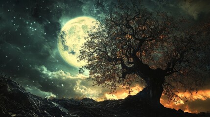 Wall Mural - Mystical tree silhouette against a full moon and starry night sky.