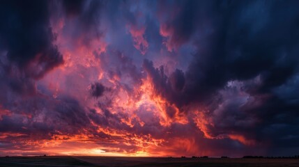 Wall Mural - A breathtaking sunset showcases an array of colors, with deep reds and purples illuminating the sky. Dark clouds add depth to the beautiful rural landscape below during evening hours.