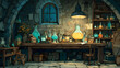 © john - Witch or wizard alchemical laboratory with magic books and potions with mystic glow at night. Alchemist lab interior with wooden furniture. AI illustration. For games and mobile applications.