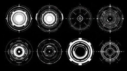 Tech Interface: A high-tech display of circular futuristic digital interfaces glows against a dark backdrop. Showcasing a series of modern tech element.