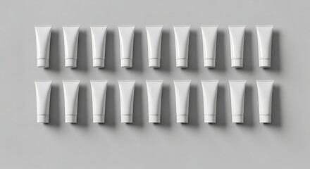 Minimalist flat lay of multiple blank white cosmetic cream tubes arranged in a pattern on a grey background.