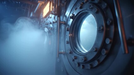 Wall Mural - Smoke filling an industrial room featuring a large round window with bolts and a control panel, creating a mysterious and intriguing scene of advanced technology and potential danger