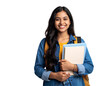 © Tazun - Portrait of a happy young Indian female student holding a book and wearing a backpack, ready for college or university, isolated on transparent background