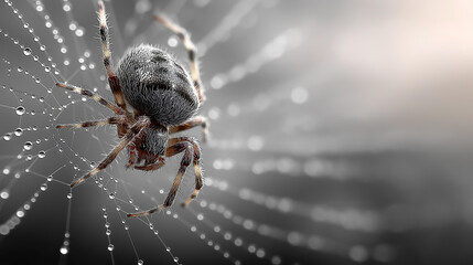 Spider web glistens with dew drops, a captivating macro wildlife scene, Generative Ai 