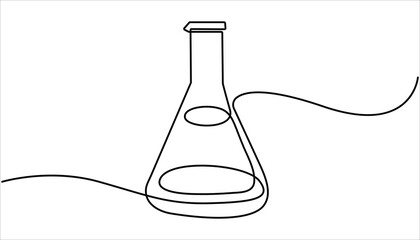 Lab experiment tools in continuous single one line art drawing. Minimalist glassware for laboratory research. Chemical lab flask, Laboratory test tube in continuous one line drawing. Editable vector.