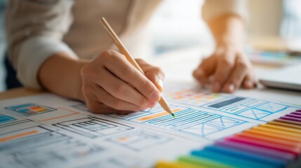 Person sketching interface designs with pencil and vibrant color palette