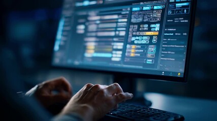 Close up of hands typing on keyboard, developing innovative software on computer with complex user interface in dark office at night, showcasing technology and programming skills