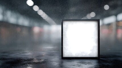 Wall Mural - a glossy illuminated frame stands prominently in a dark minimalist studio setting long title a sleek