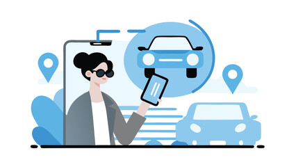 Woman using a mobile app for car service with location pins and vehicle icons displayed on the screen app