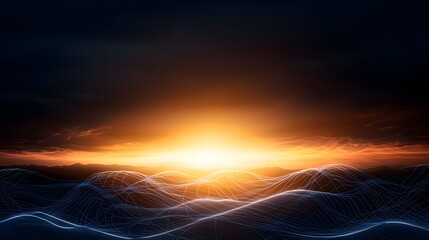Wall Mural - the image shows a digital landscape with glowing blue grid lines forming rolling hills under a drama