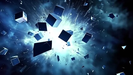 Wall Mural - Abstract Blue Cubes Bursting with Light: Modern Digital Motion Graphic