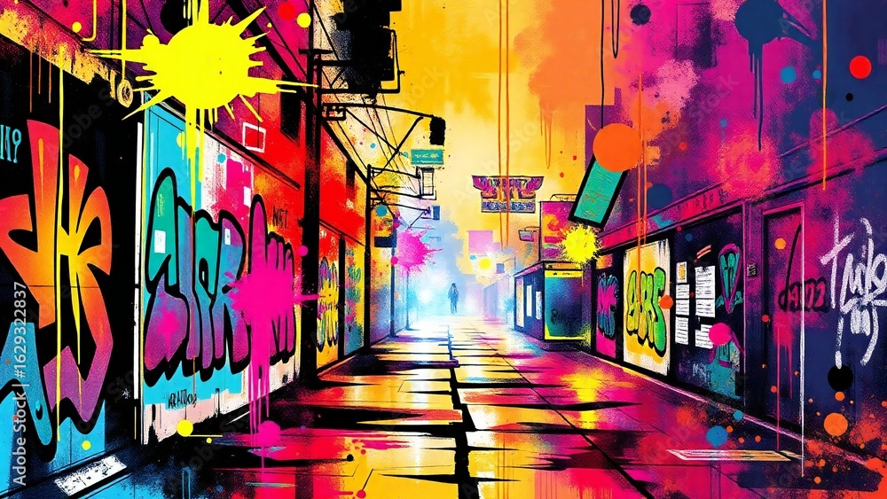 Vibrant graffiti alleyway with neon lights and reflections Stock Photo ...