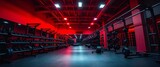 Modern gym interior with red lighting and dumbbells
