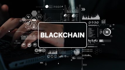 Hands Typing on Laptop with Blockchain Graphics and Digital Data Visualization Concepts. Asymptotic smart data analytic.