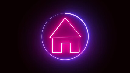 Glowing neon house animation. Bright light energy loop seamless 4k ultra hd digital interface. Animated neon house icon glowing pink purple circle. Abstract home symbol modern design technology.