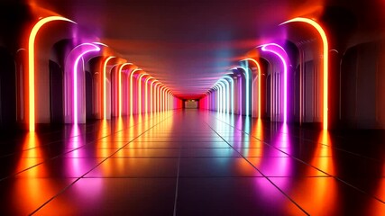 Wall Mural - Futuristic Neon Tunnel Visuals: Mesmerizing 3D Rendered Corridor with Vibrant Glow