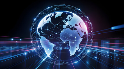 Wall Mural - futuristic glowing digital globe with interconnected data nodes and light trails representing global