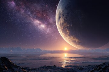 Wall Mural - distant planet with a colorful sunset reflecting on icy water beneath a starry sky with a vast galax
