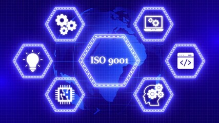 Business, technology, internet and network concept. Virtual screen of the future with the inscription: ISO 9001 Glowing world map earth globe background animation