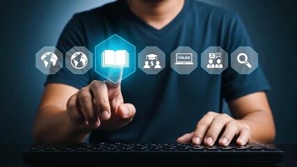 Person touching a glowing digital interface with icons representing online education, global learning, and knowledge acquisition, symbolizing the future of digital learning and academic advancement