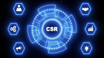 Glowing neon line circle animation. CSR abbreviation, modern technology concept. Business, Technology, Internet and network concept.