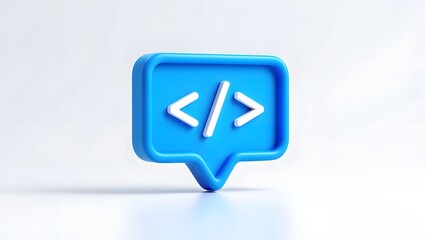 Blue code icon for development and programming with html tags in speech bubble style