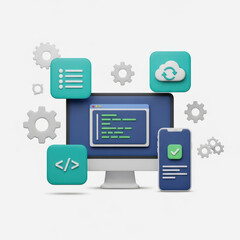 Software Development Scene with Computer, Phone, and Floating Icons Representing Coding, Cloud Services, and Settings, Ideal for Tech and Development Concepts