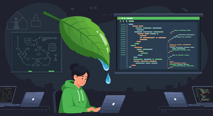 Sustainable software development concept with a woman coding and water droplet