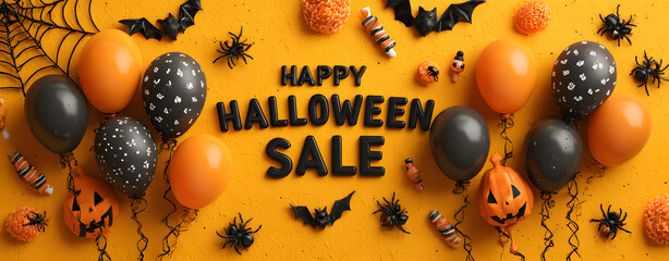 Canvas Print - halloween sale promotion poster with scary balloons,paper bats,spiders, candy and flying serpentine.