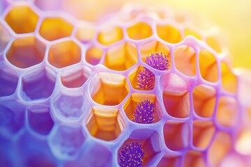 Wall Mural - Vibrant honeycomb structure with purple pollen grains nestled within its hexagonal cells.