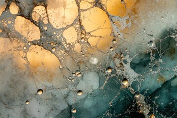 Wall Mural - Abstract image of oil and water mixture creating a mesmerizing pattern of bubbles and textures in gold and teal tones.