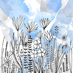 Wall Mural - Beautiful hand drawn image with wildflowers and herbs on the background of blue watercolor sky. 