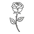 © tinybrushcreations - A simple line drawing of a rose with a stem and leaves in black and white for coloring book pages