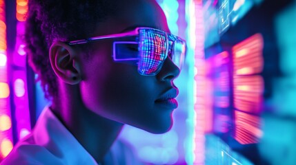 Wall Mural - A captivating portrait showcasing a woman with glasses reflecting digital data. The vibrant colors and technology create a striking visual narrative. Generative AI