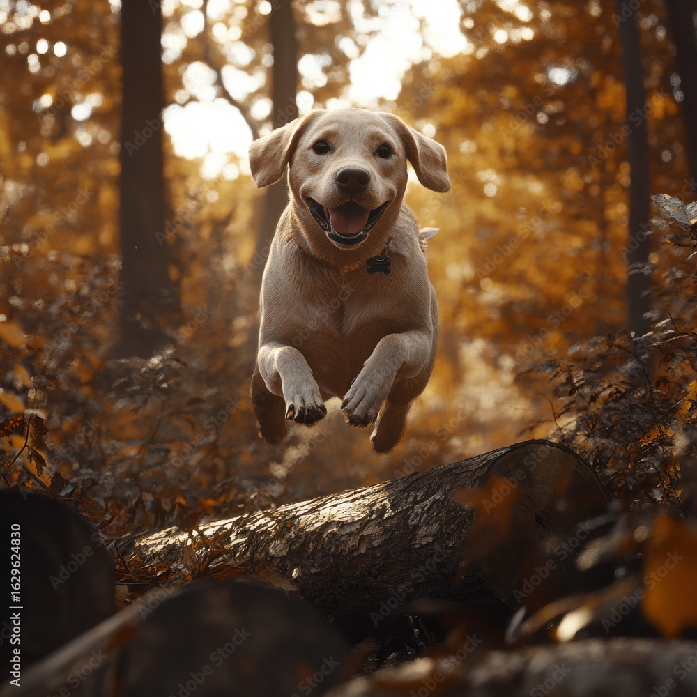 Labrador Retriever jumping over logs in a dense autumn forest, agility ...