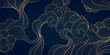 © marylia17 - Vector japanese, chinese clouds background. Line golden asian sky pattern, curl drawn wind ornament, wave elegant poster.