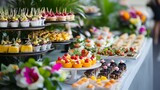 Party food catering setup with colorful dishes desserts and drinks served at indoor wedding hall