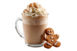 Gingerbread latte with whipped cream and cinnamon in a clear glass, festive drink isolated on white.