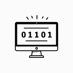 A simple and modern line art icon of a computer screen displaying binary code, a clean and minimalist vector for technology, programming, and data-themed designs.
