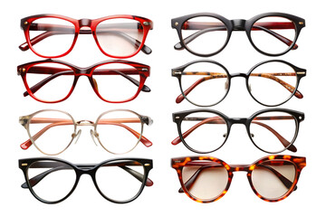 A collection of eight assorted eyeglasses and spectacles with various frame styles and colors, including round, oval, and cateye shapes, isolated on a transparent background
