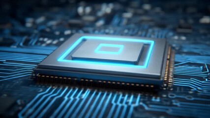 Wall Mural - Close Up of Central Processing Unit with Blue Neon Light Integrated on Circuit Board Technology Background