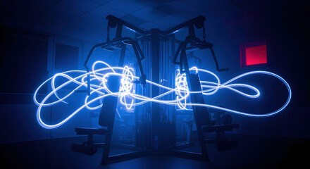 Wall Mural - abstract blue light trails around a workout station machine in long exposure creating a modern futur
