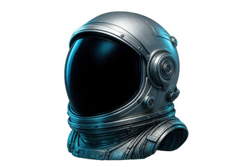 Wall Mural - metallic astronaut helmet illuminated by a mysterious blue light, evoking the thrill and danger of s
