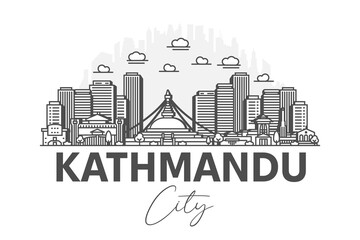 Wall Mural - Kathmandu, Nepal architecture line skyline illustration with shadows. Linear vector cityscape with famous landmarks, city sights, design icons.
