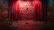 © NJ Tholiya - Stage for open mic comedy, brick background with red curtains, stand up comedy show poster background, with microphone stand on the middle