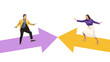 © Lustre Art Group  - Collage of man and woman balancing on opposite arrows with cautious expressions. Concept of workplace tension, remote collaboration challenges, hybrid communication, and conflict resolution.